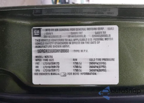 2003 Hummer H2 from USA, damaged, VIN 5GRGN23U83H128968